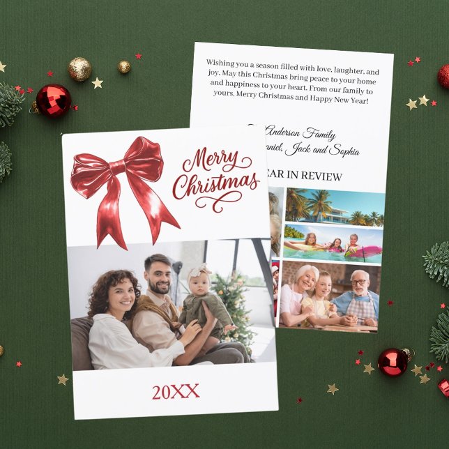 Merry Christmas red bow photo year in review Holiday Card (Creator Uploaded)