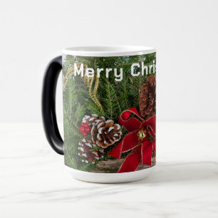 Merry Christmas Red Bow Pine Cones PIne Branches Magic Mug