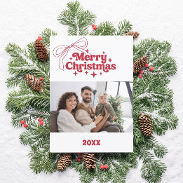 Merry Christmas red bow retro photo card
