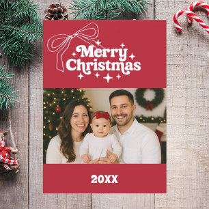 Merry Christmas red bow retro photo card