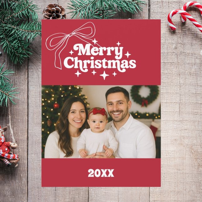 Merry Christmas red bow retro photo card (Creator Uploaded)
