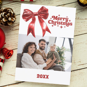 Merry Christmas red bow retro photo card