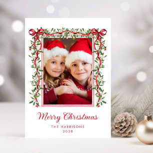 Merry Christmas Red Bows Greenery Watercolor Photo Holiday Card
