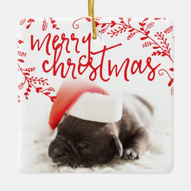 Merry Christmas Red Branches Custom Pet Photo Ceramic Ornament (Front)