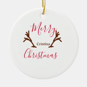 Merry Christmas red brown reindeer horn holiday te Ceramic Tree Decoration