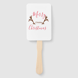 Merry Christmas red brown reindeer horn holiday te Hand Fan