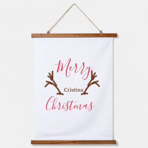 Merry Christmas red brown reindeer horn holiday te Hanging Tapestry