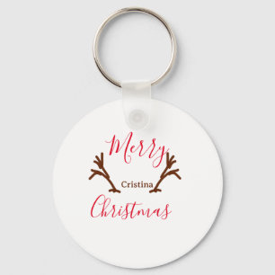 Merry Christmas red brown reindeer horn holiday te Key Ring