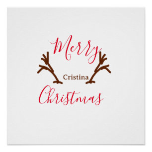Merry Christmas red brown reindeer horn holiday te Poster