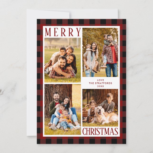 MERRY CHRISTMAS Red Buffalo Plaid 4 Photo Collage Holiday Card (Front)