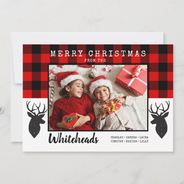 Merry Christmas Red Buffalo Plaid Deer Photo Holiday Card (Front)