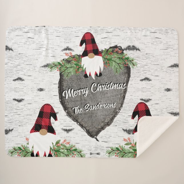 Merry Christmas Red Buffalo Plaid Gnomes Sherpa Blanket (Front (Horizontal))
