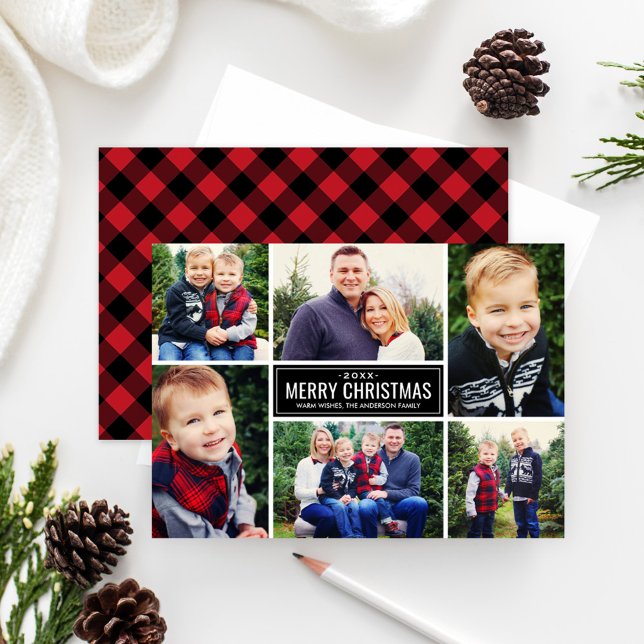 Merry Christmas Red Buffalo Plaid Photo Collage Holiday Card (Creator Uploaded)