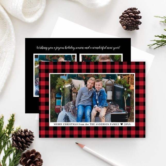 Merry Christmas Red Buffalo Plaid Photo Holiday Card (Creator Uploaded)