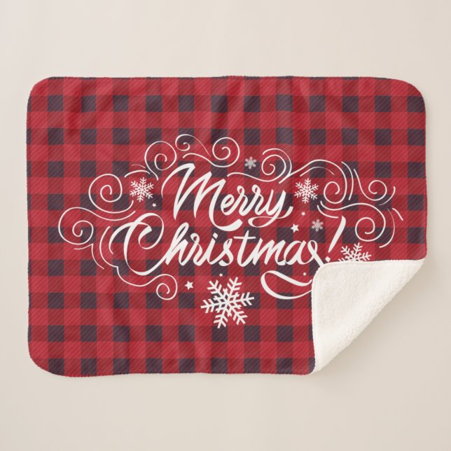 Merry Christmas Red Buffalo Plaid Sherpa Blanket (Front (Horizontal))