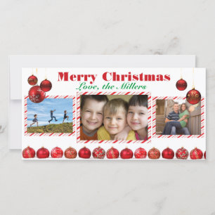 Merry Christmas Red Bulbs Three Photo Card