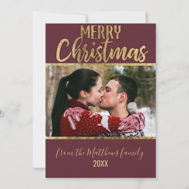 Merry Christmas Red Burgundy Gold Typography Photo Holiday Card (Front)