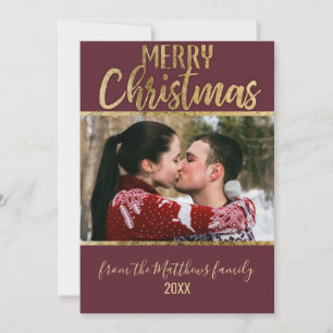 Merry Christmas Red Burgundy Gold Typography Photo Holiday Card