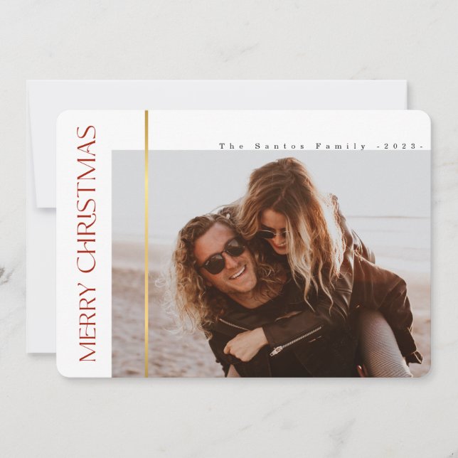 Merry Christmas Red calligraphy Elegant 2 Photo Ho Holiday Card (Front)