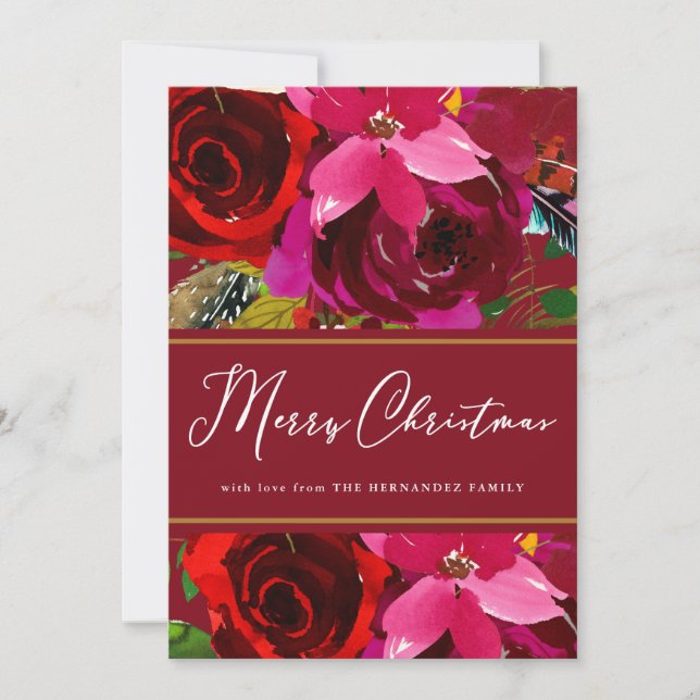 Merry Christmas Red Calligraphy Floral Holiday Card (Front)