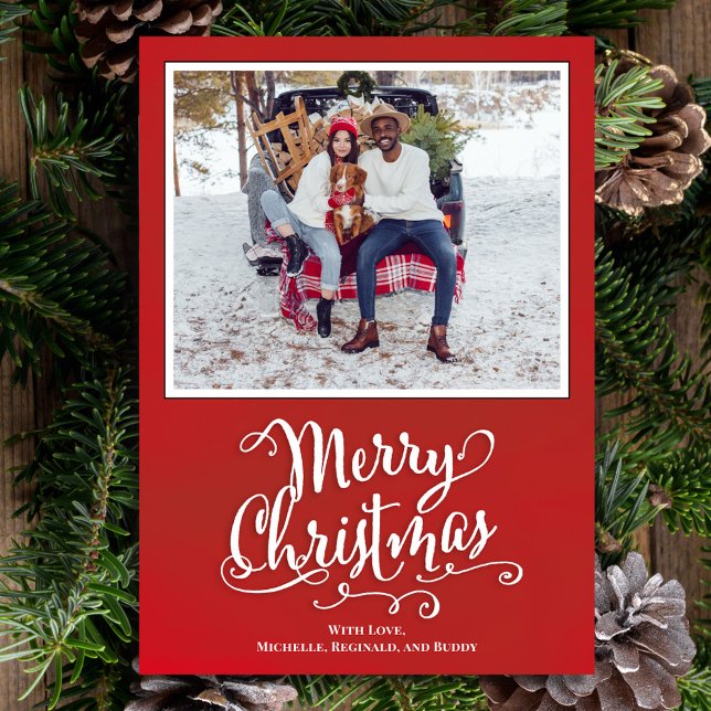 Merry Christmas Red Calligraphy Script Photo Holiday Card (Merry Christmas whimsical calligraphy script vertical photo card. )