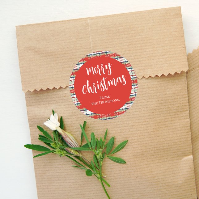 Merry Christmas Red Calligraphy Script Simple  Classic Round Sticker (Merry Christmas simple festive holiday calligraphy script round sticker. )