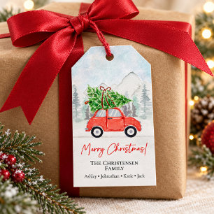 Merry Christmas Red Car Christmas Tree Gift Tags