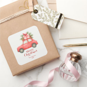Merry Christmas Red Car – Personalised Holiday  Square Sticker
