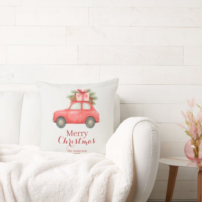 Merry Christmas Red Car – Personalized Holiday  Cushion (Couch)