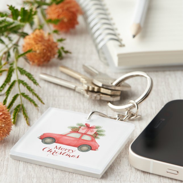 Merry Christmas Red Car – Personalized Holiday  Key Ring (Front Right)