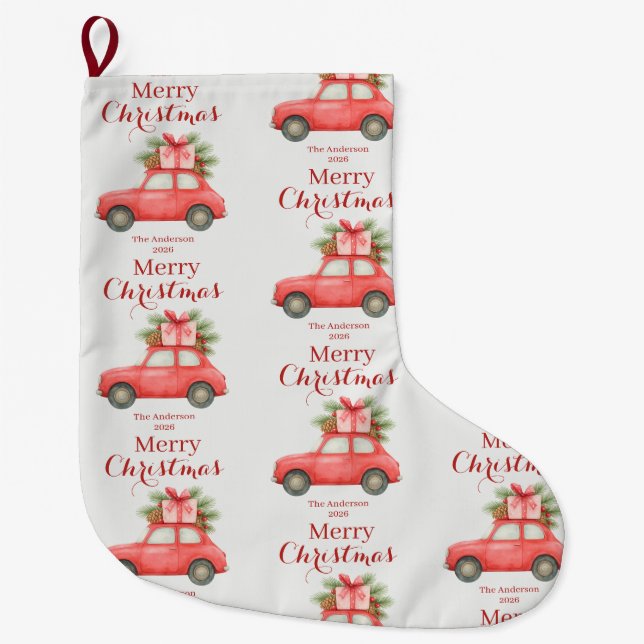 Merry Christmas Red Car – Personalized Holiday Large Christmas Stocking (Front)