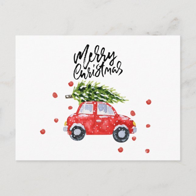 Merry Christmas red car with Christmas tree    Car Postcard (Front)