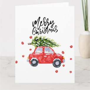 Merry Christmas red car with Christmas tree   Card