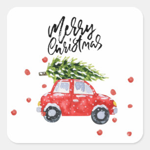 Merry Christmas red car with Christmas tree white Square Sticker