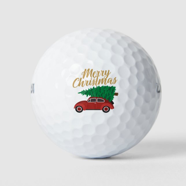 Merry Christmas Red Car With Tree | Holidays Golf Balls (Front)