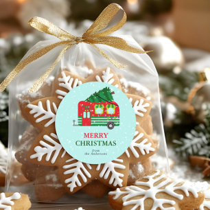 Merry Christmas Red Caravan Christmas Tree Custom Classic Round Sticker