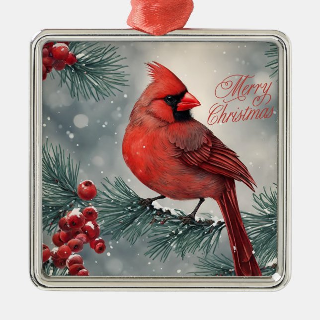 Merry Christmas Red Cardinal and Berries Metal Tree Decoration (Front)