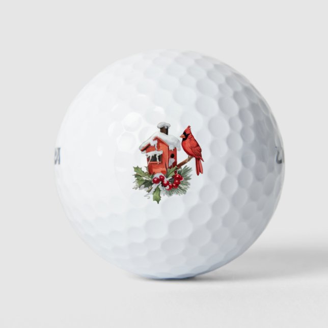 Merry Christmas Red Cardinal & Berries Golf Balls (Front)