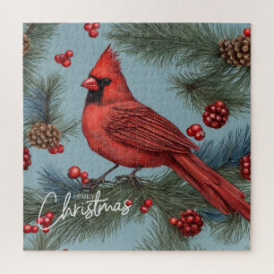 Merry Christmas Red Cardinal, Berries, Pinecones Jigsaw Puzzle