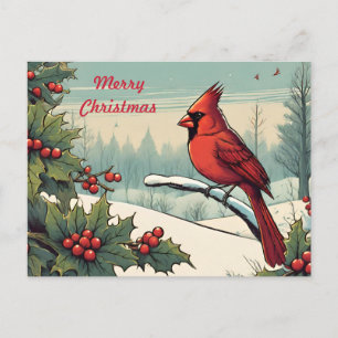 Merry Christmas Red Cardinal Bird and Holly Berry Holiday Postcard