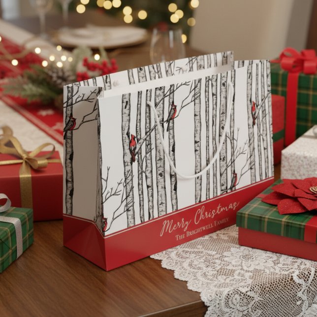 Merry Christmas Red Cardinal Bird & Birch Tree Large Gift Bag (Modern Nature Wildlife Pattern. Hand Drawn Cardinal Birds in Winter Birch Tree Forest. Red & White)
