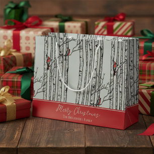 Merry Christmas Red Cardinal Bird & Birch Tree Large Gift Bag