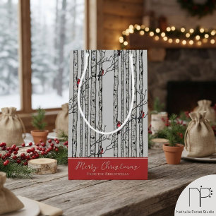 Merry Christmas Red Cardinal Bird & Birch Tree Small Gift Bag
