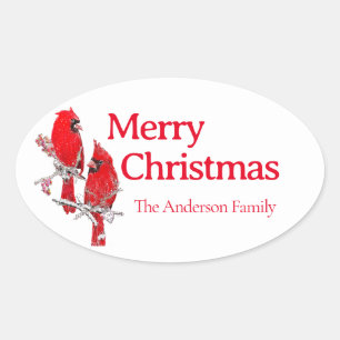 Merry Christmas Red Cardinal Bird Festive Oval Sticker