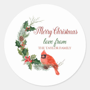 Merry Christmas,Red Cardinal Bird Holly Berry Classic Round Sticker