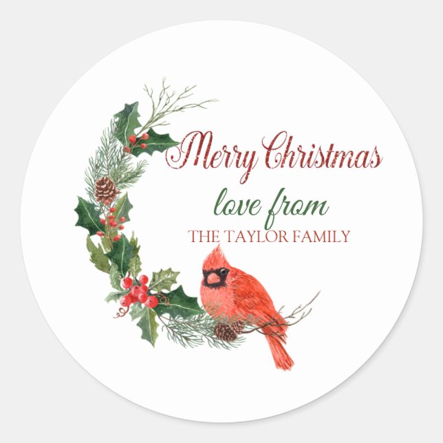 Merry Christmas,Red Cardinal Bird Holly Berry Classic Round Sticker (Front)