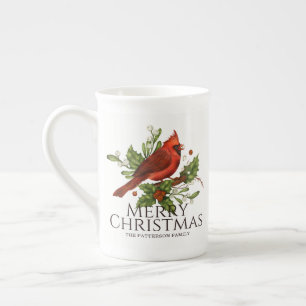 Merry Christmas Red Cardinal Holly Personalised Bone China Mug