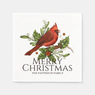 Merry Christmas Red Cardinal Holly Personalised Napkin