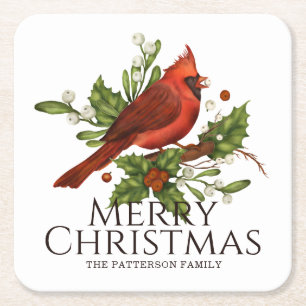 Merry Christmas Red Cardinal Holly Personalised Square Paper Coaster
