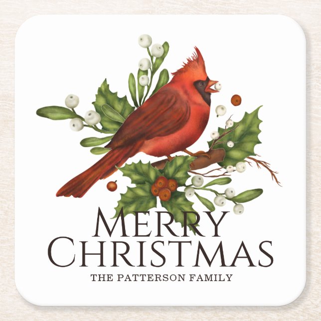 Merry Christmas Red Cardinal Holly Personalised Square Paper Coaster (Front)